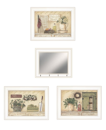 Set Of Four Garden Bath White Framed Bathroom Wall Art And Mirror With