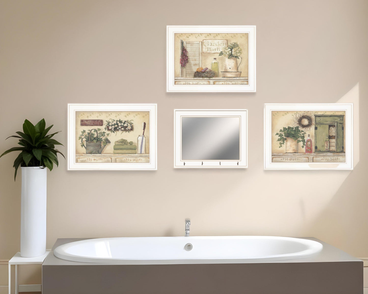 Set Of Four Garden Bath White Framed Bathroom Wall Art And Mirror With