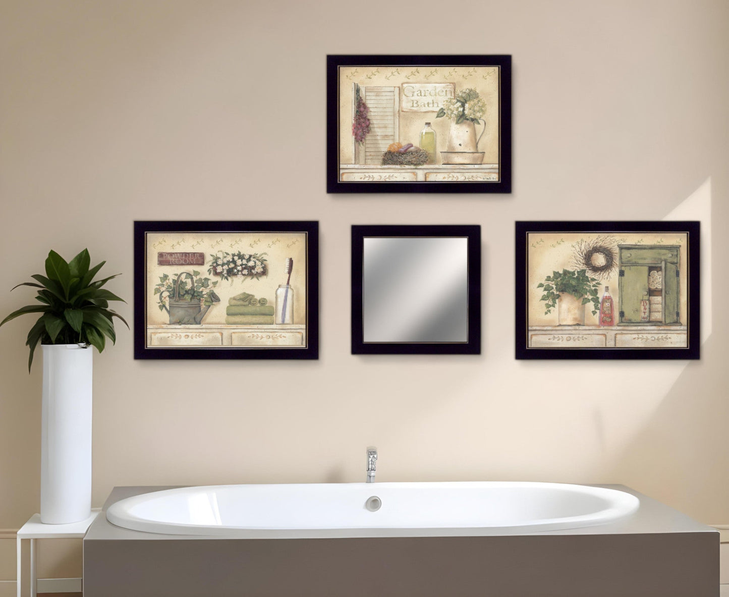 Set Of Four Garden Bath Black Framed Bathroom Wall Art And Mirror With