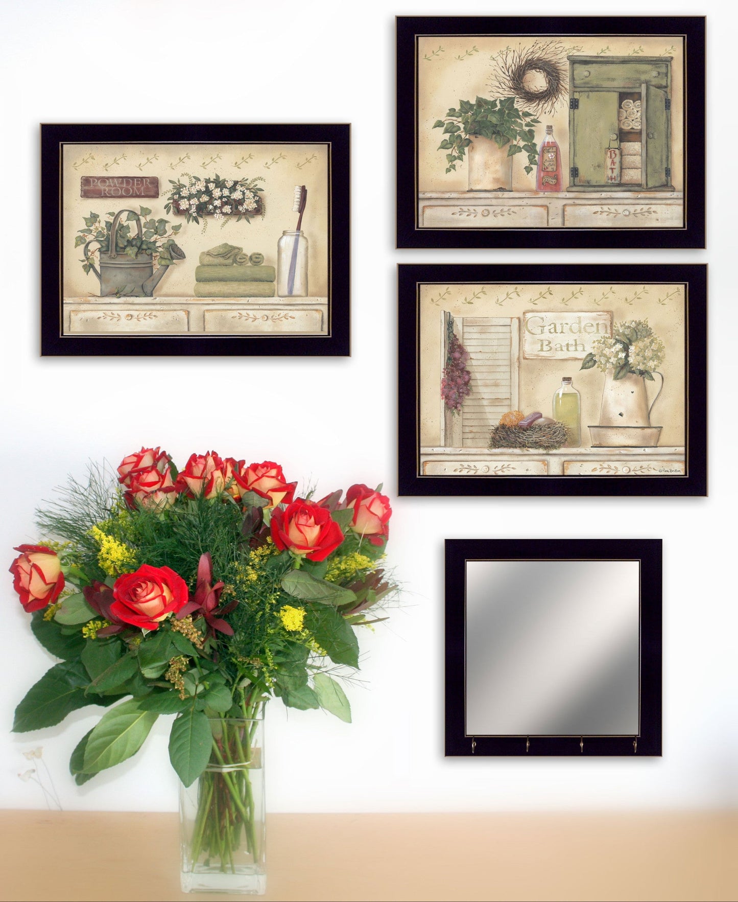 Set Of Four Garden Bath Black Framed Bathroom Wall Art And Mirror With