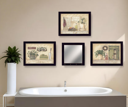 Set Of Four Garden Bath Black Framed Bathroom Wall Art And Mirror With