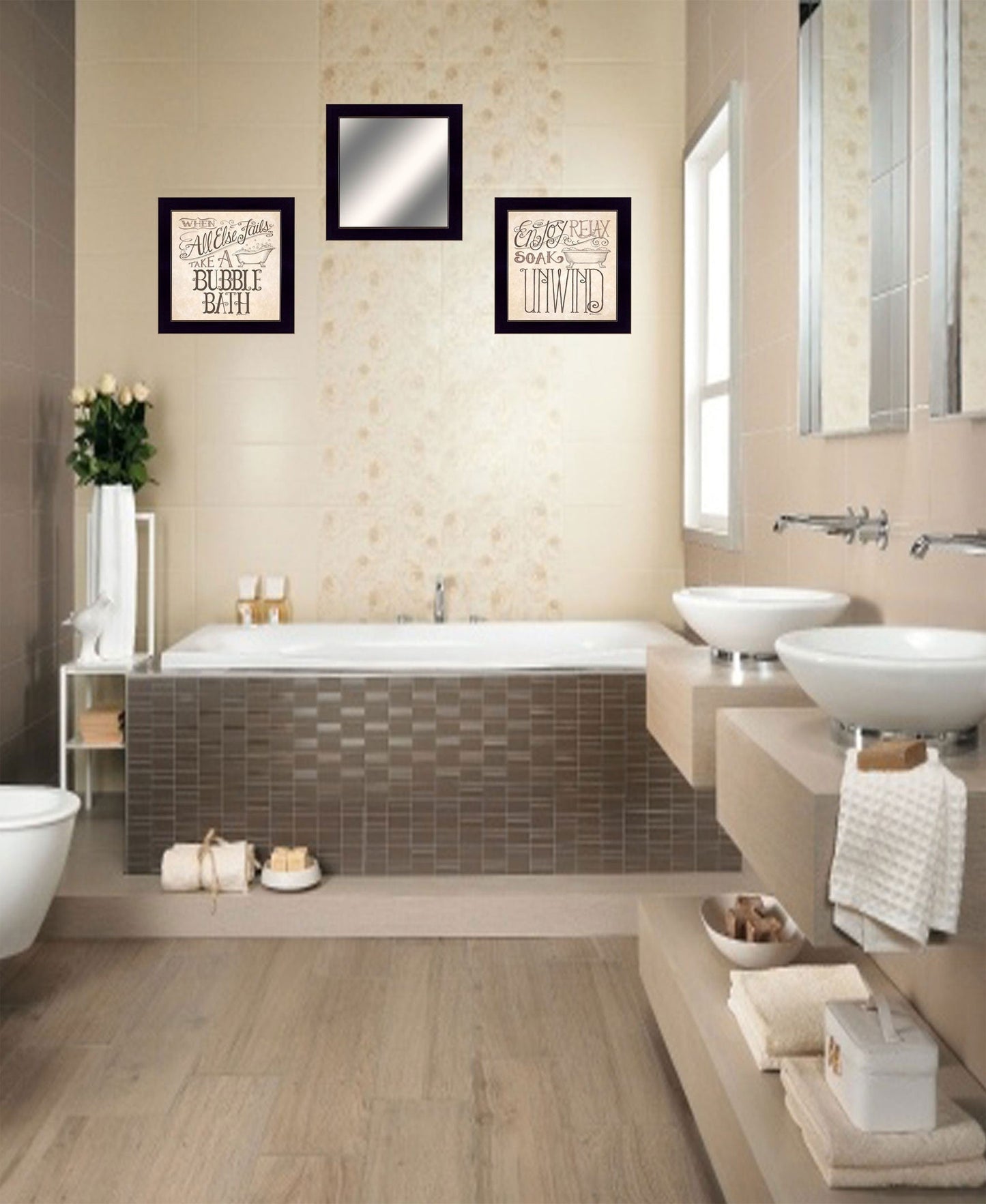 Set Of Three Soak and Unwind Black Framed Bathroom Wall Art With