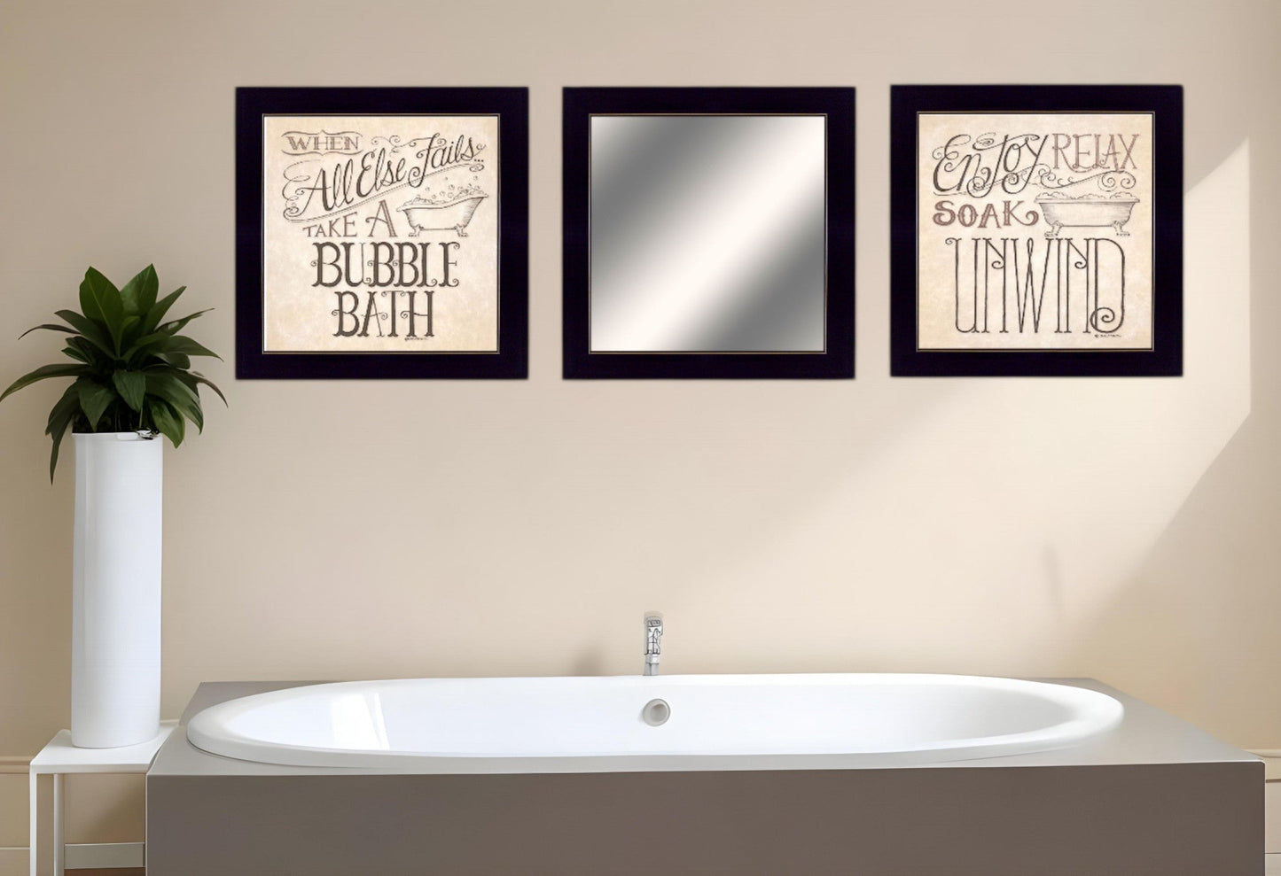 Set Of Three Soak and Unwind Black Framed Bathroom Wall Art With