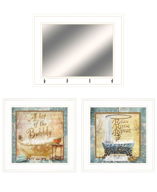 Set Of Three Bit of Bubbly White Framed Bathroom Wall Art With Mirror
