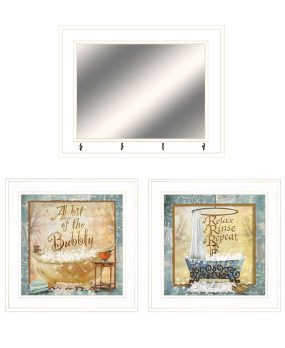 Set Of Three Bit of Bubbly White Framed Bathroom Wall Art With Mirror