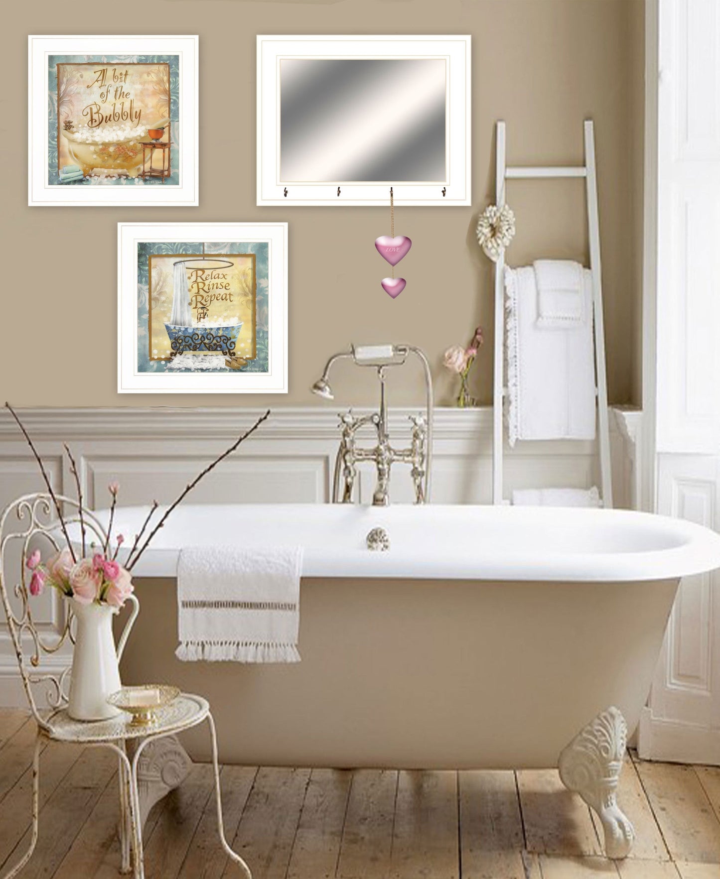 Set Of Three Bit of Bubbly White Framed Bathroom Wall Art With Mirror