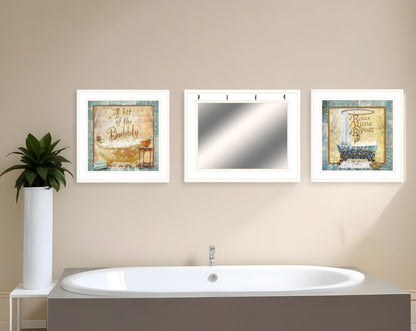 Set Of Three Bit of Bubbly White Framed Bathroom Wall Art With Mirror