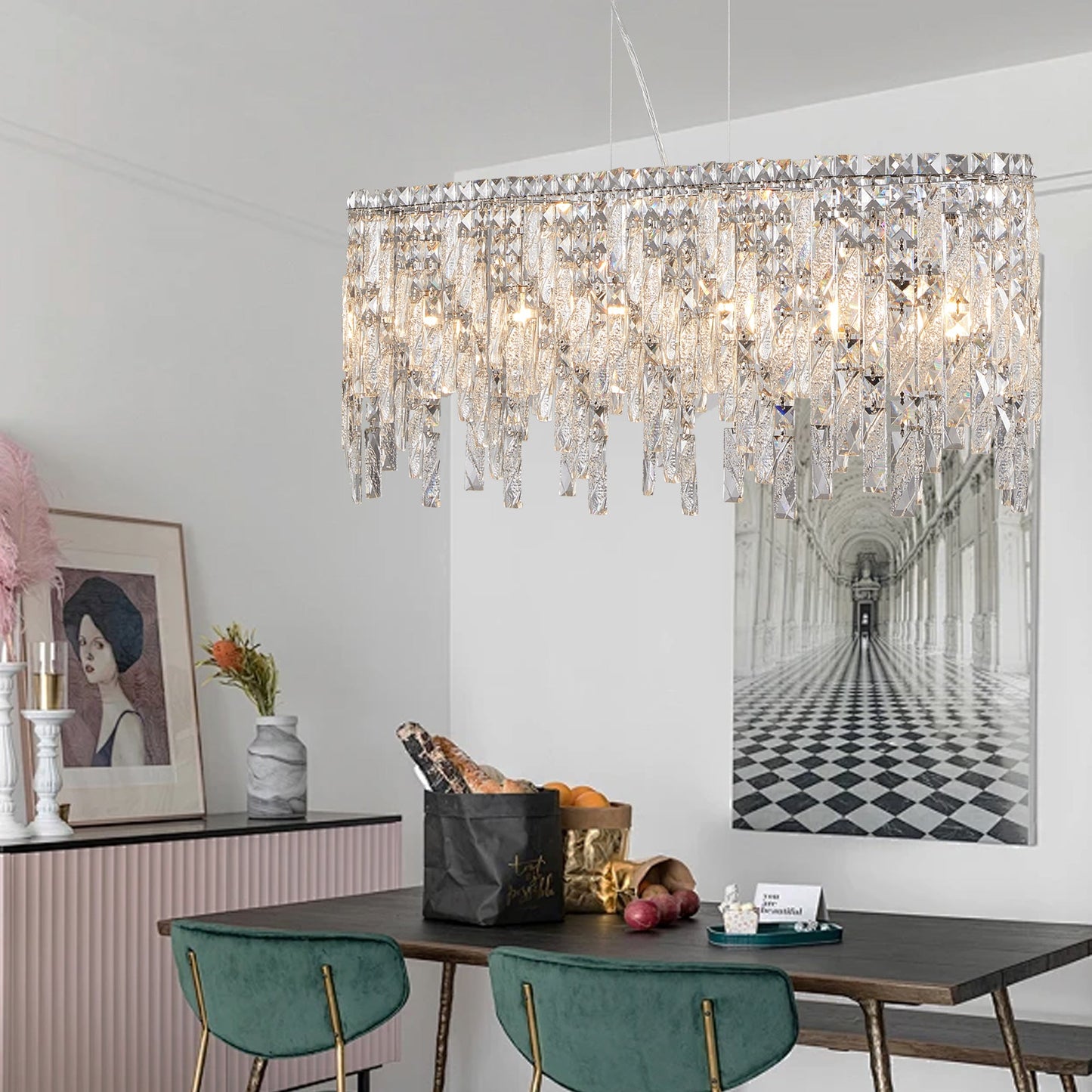 Silver Elegant Oval Crystal Chandelier, Modern Ceiling Light Fixture
