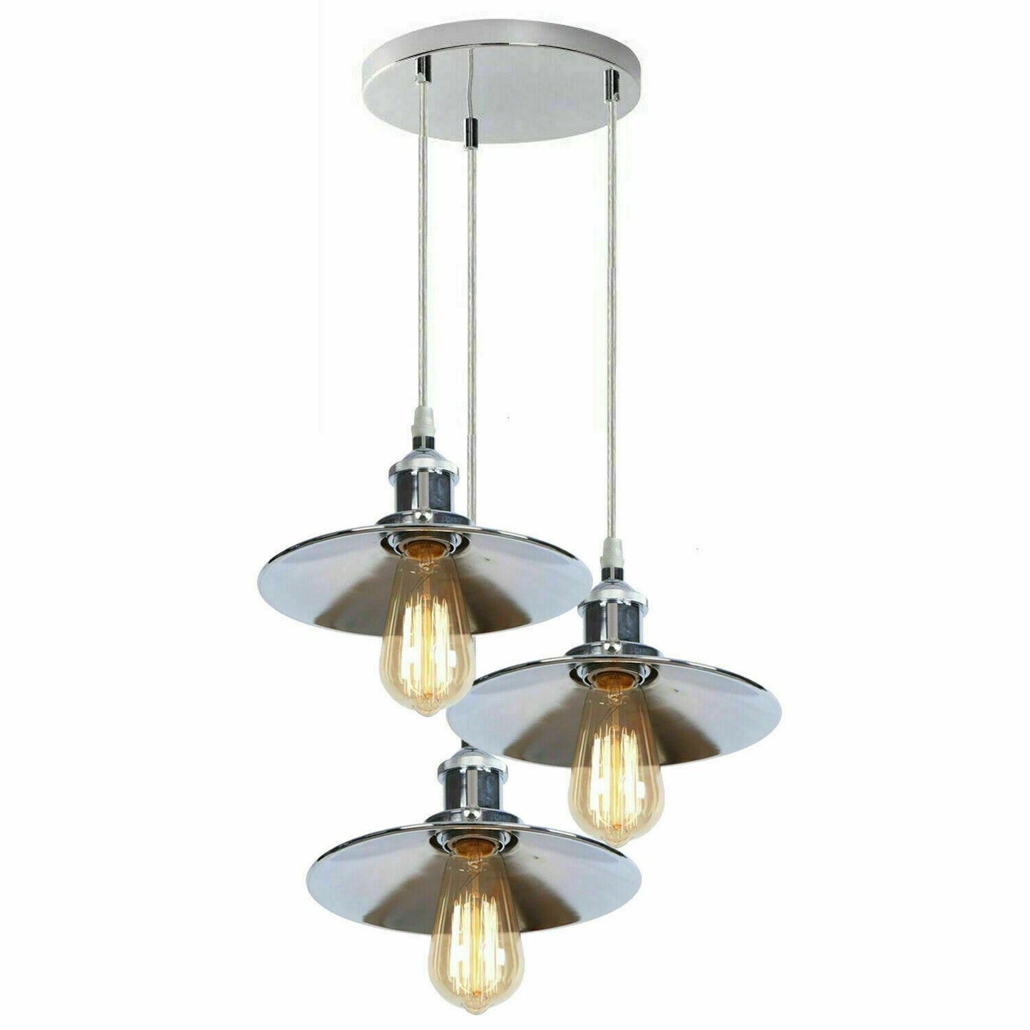 3 Head Pendant Hanging Light Polished Chrome Metal Flat Lamp Shade ~