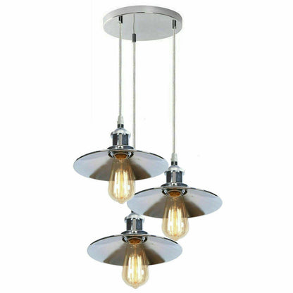 3 Head Pendant Hanging Light Polished Chrome Metal Flat Lamp Shade ~