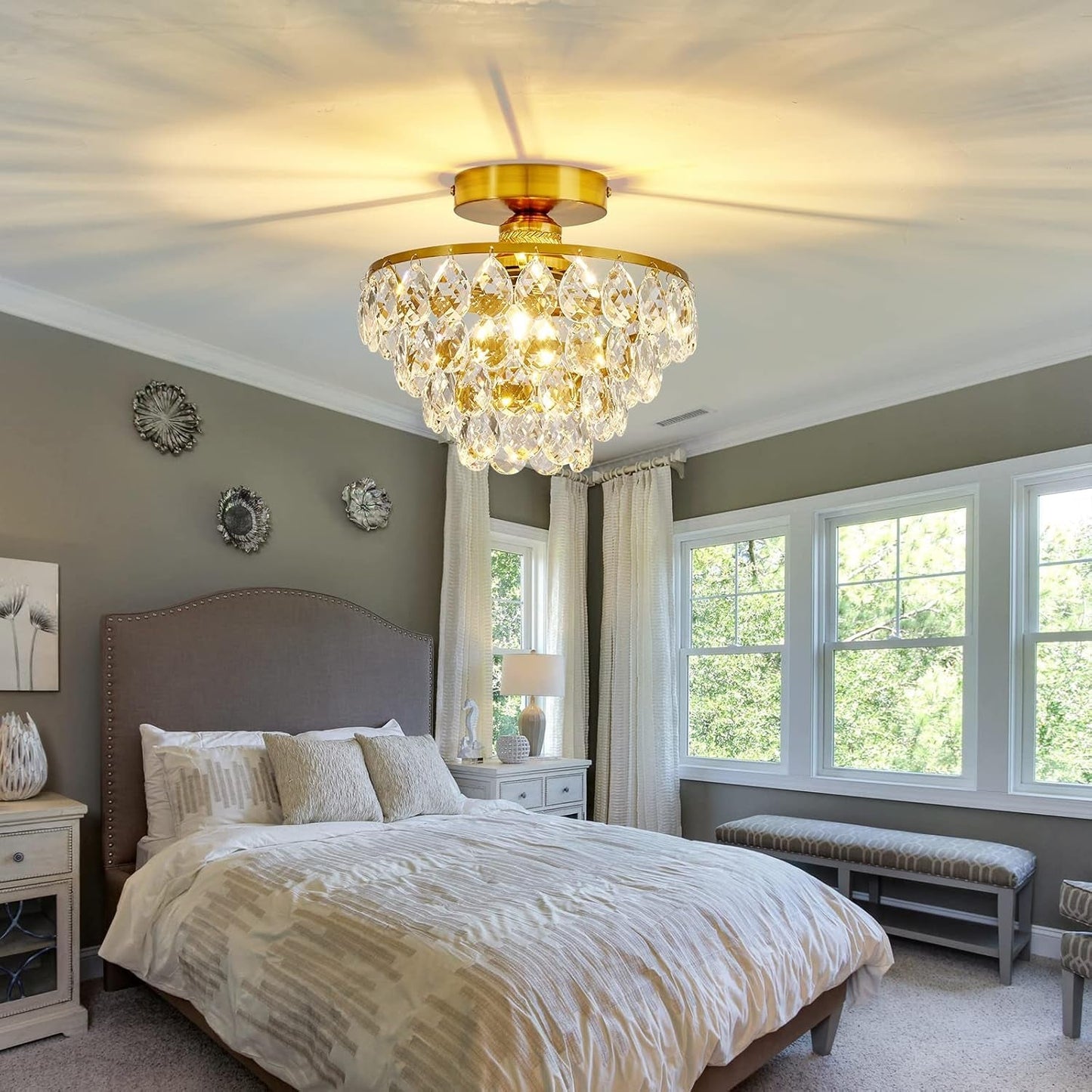 Modern E26 Small Crystal Chandelier Semi Flush Mount Ceiling Light