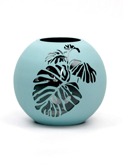 Handpainted Glass Vase | Painted Blue Leaves Art Glass Round Vase |