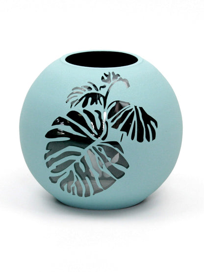 Handpainted Glass Vase | Painted Blue Leaves Art Glass Round Vase |