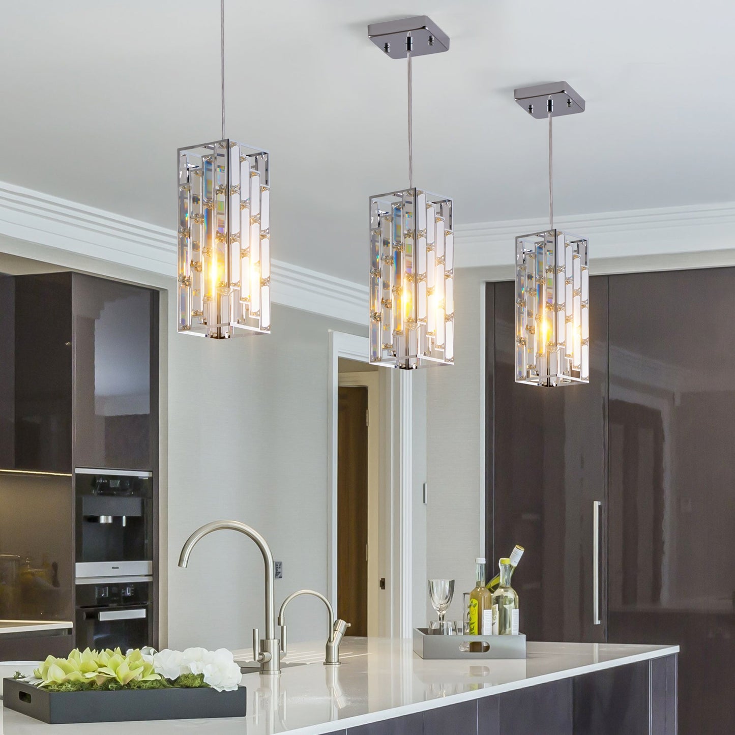 Modern Crystal Pendant Light - 3 Pack, Adjustable Hanging Ceiling Lamp
