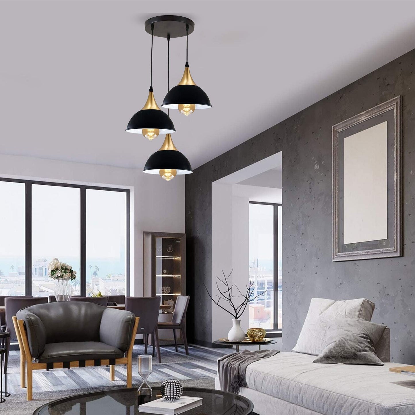 3Way Hanging Ceiling Pendant Light Black Dome Shade~3396