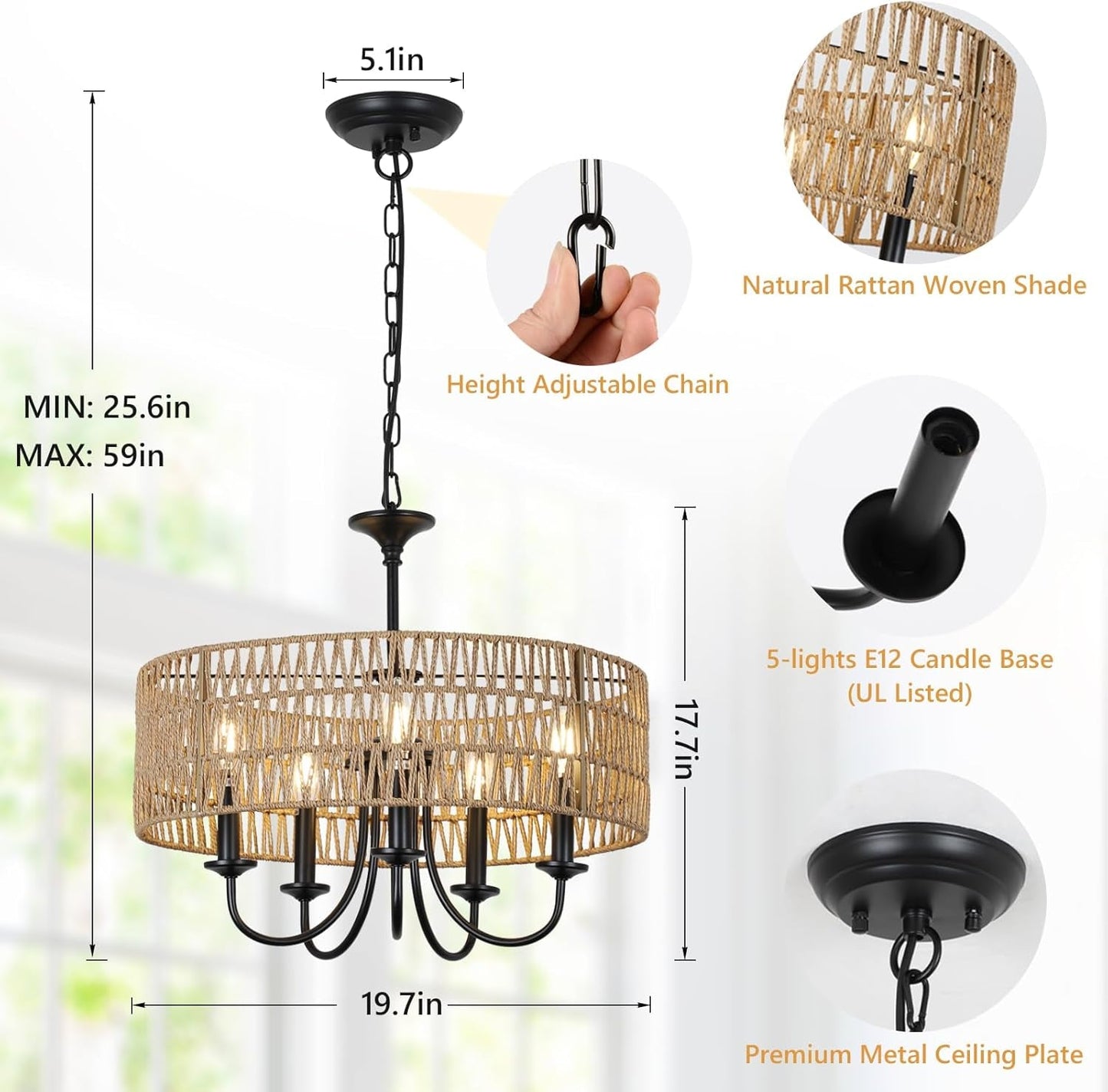 Modern Farmhouse Chandelier Light Fixtures, 5-Lights Large Rattan