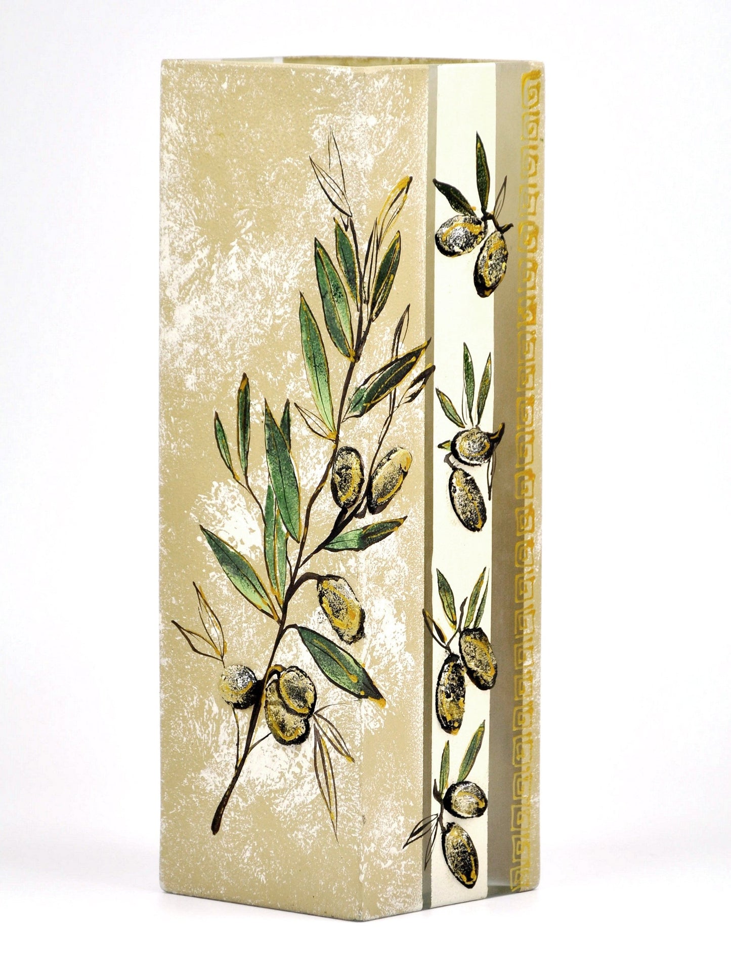 Handpainted Olives Glass Vase | Painted Art Glass Square Vase for