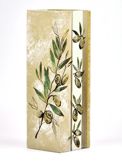 Handpainted Olives Glass Vase | Painted Art Glass Square Vase for