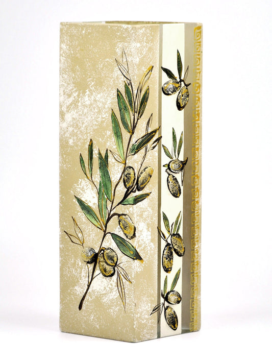 Handpainted Olives Glass Vase | Painted Art Glass Square Vase for