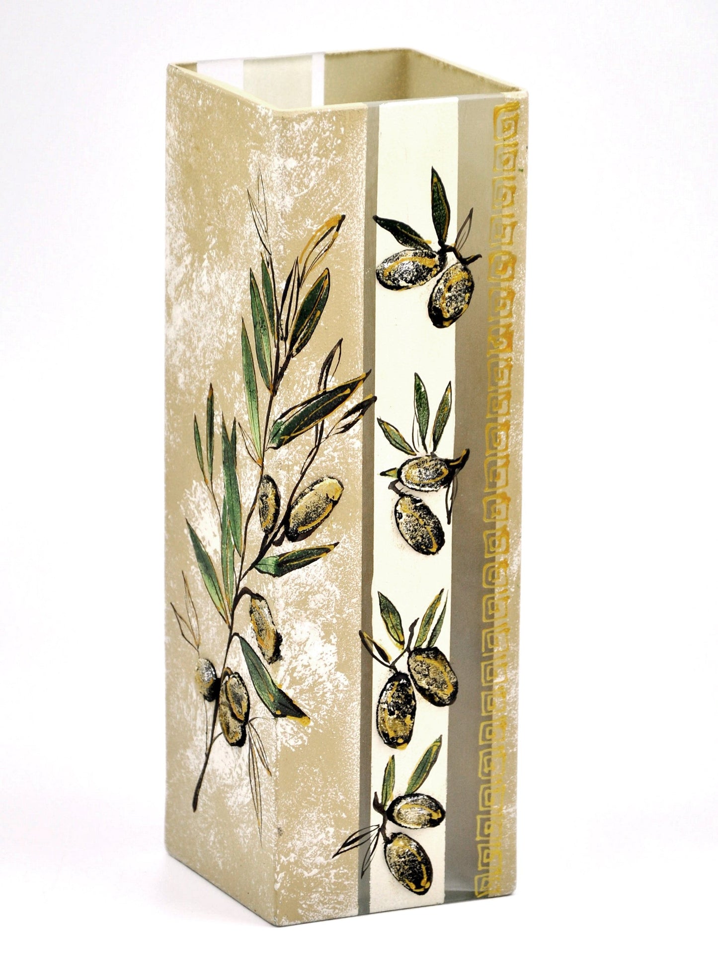 Handpainted Olives Glass Vase | Painted Art Glass Square Vase for