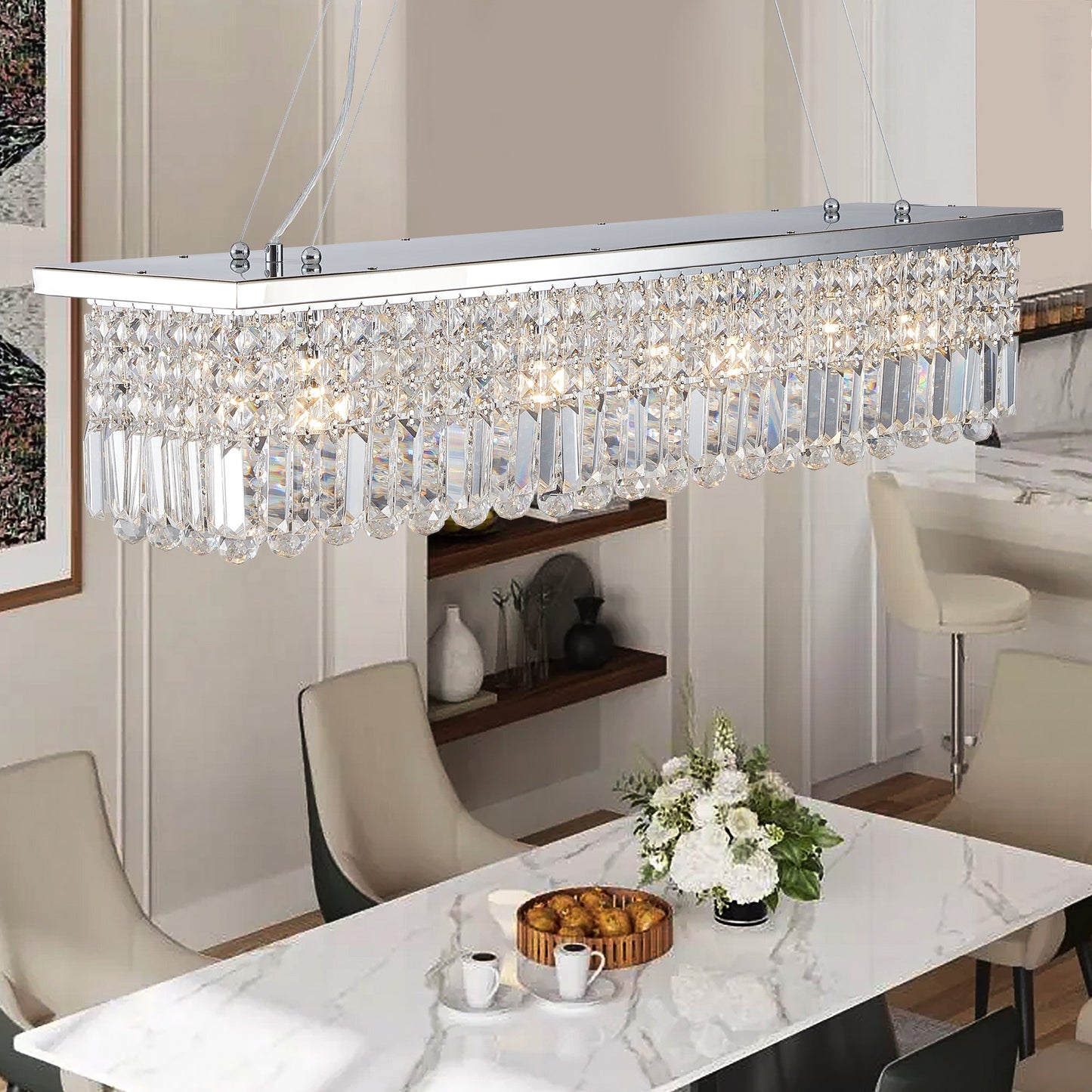 Modern Crystal Chandelier for Dining Room 8-Light White Rectangle