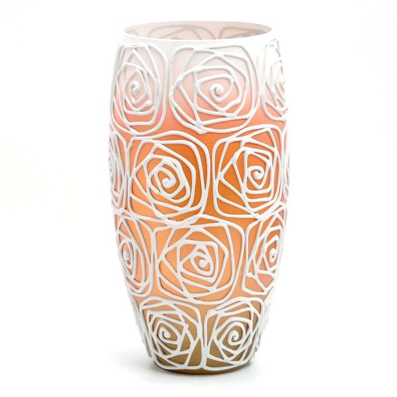 Handpainted Glass Vase for Flowers | Painted Art Glass Orange Oval