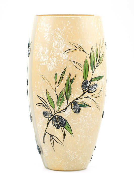 Handpainted Glass Vase for Flowers | Painted Art Olives Oval Vase |