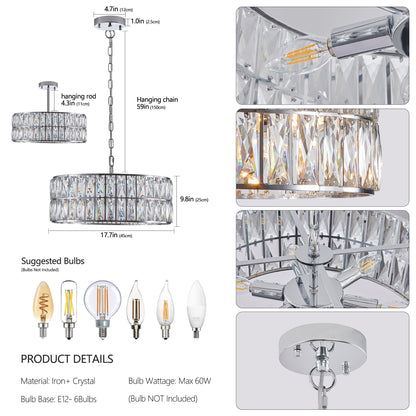 Modern Crystal Drum Chandelier, 6-Light Pendant Lighting Fixture with