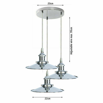 3 Head Pendant Hanging Light Polished Chrome Metal Flat Lamp Shade ~