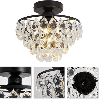 Modern Small Crystal Ceiling Light Fixture Mini Black Semi Flush Mount