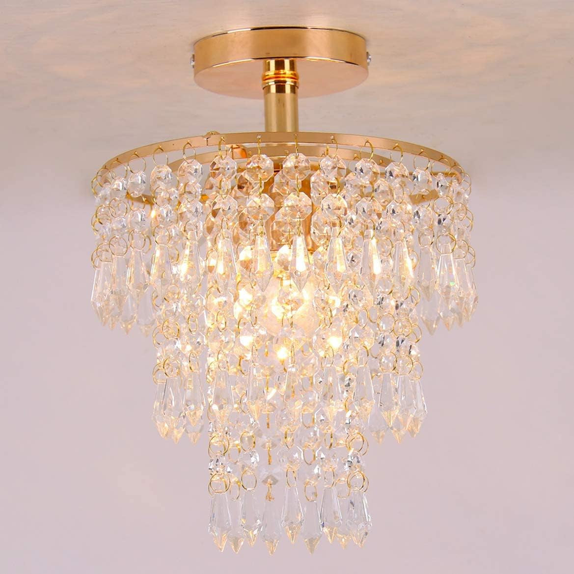 Mini Size Crystal Chandelier Modern Flush Mount Ceiling Light 3 Tiers