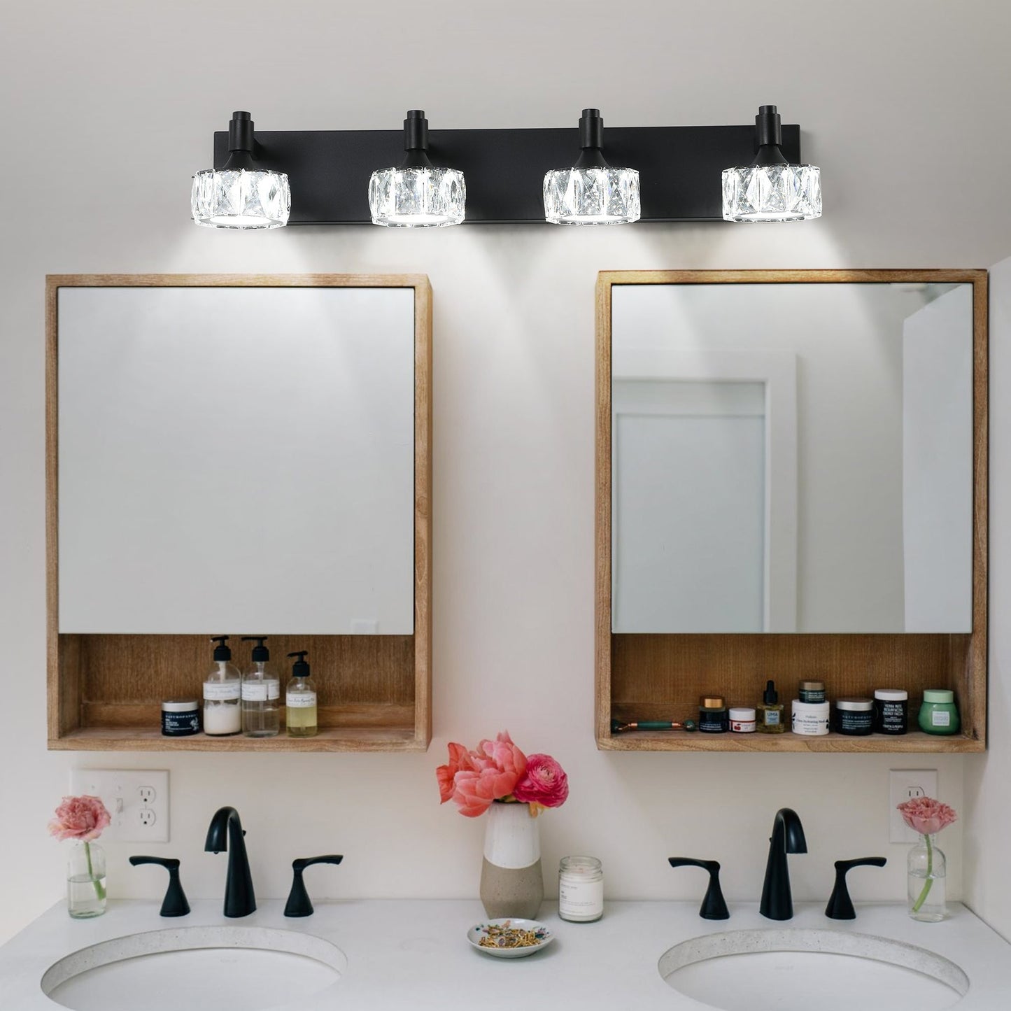 Modern 4-Light Matte Black LED Vanity Light Fixture with Crystal Glass