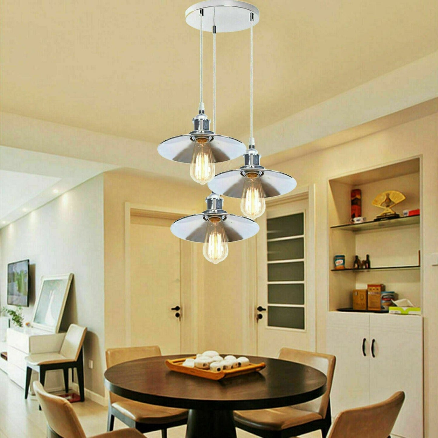 3 Head Pendant Hanging Light Polished Chrome Metal Flat Lamp Shade ~