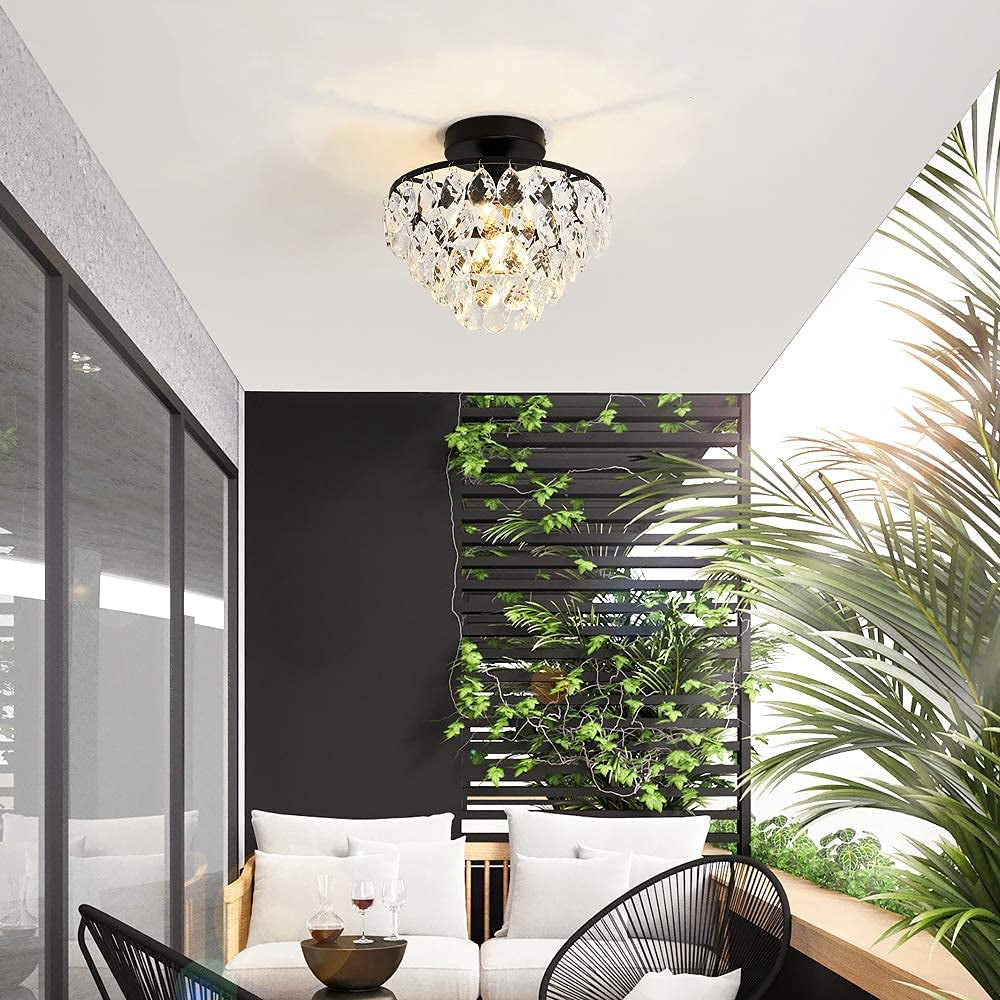Modern Small Crystal Ceiling Light Fixture Mini Black Semi Flush Mount