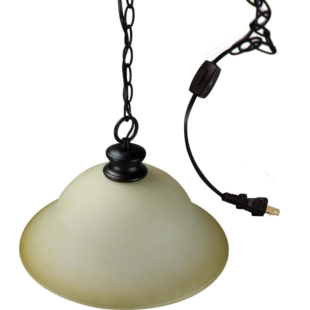 16"W Plug In Swag Amber Glass Pendant Light Bronze Finish