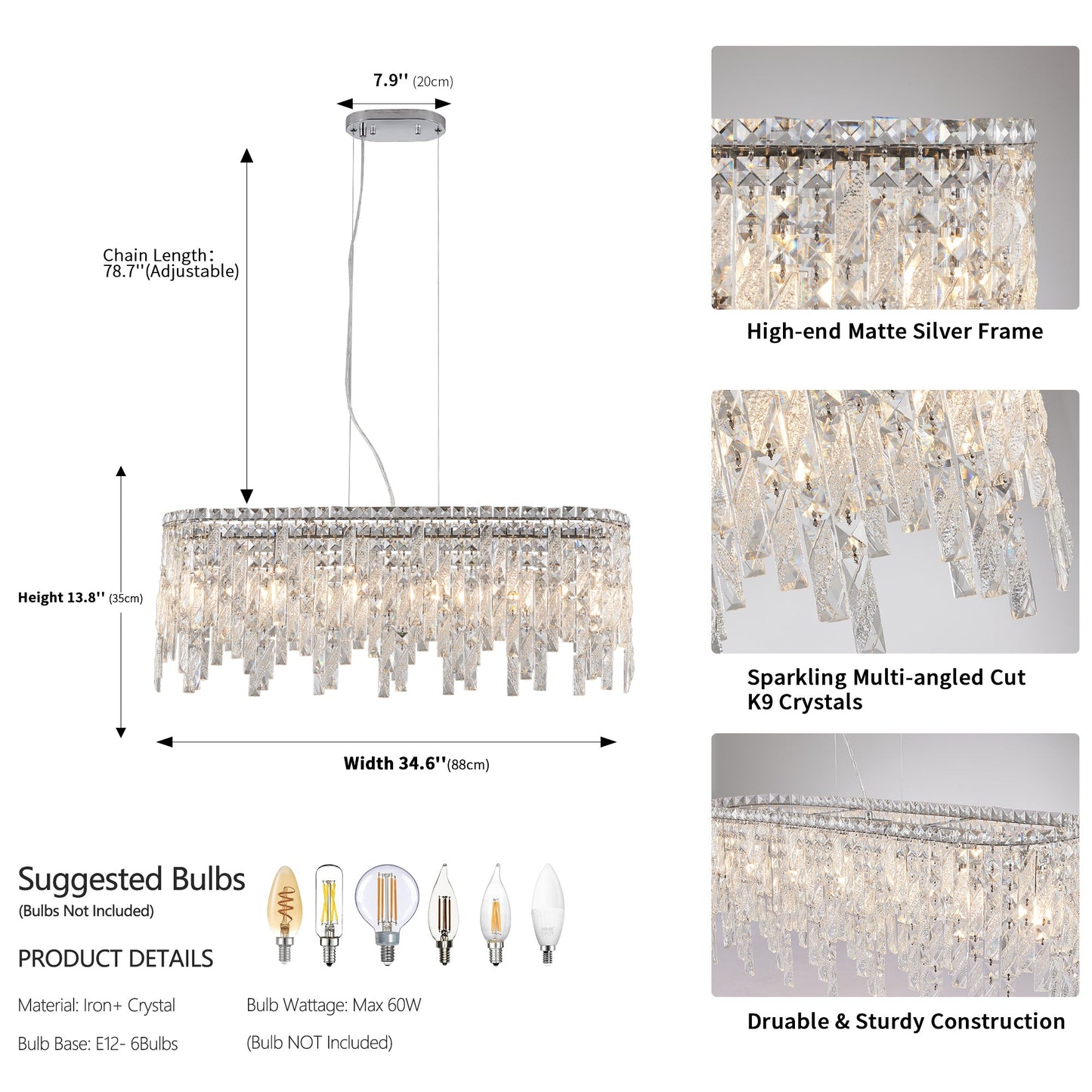 Silver Elegant Oval Crystal Chandelier, Modern Ceiling Light Fixture