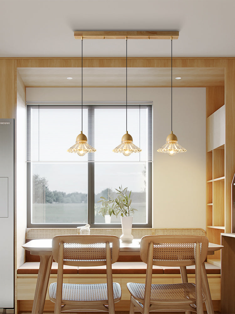 Candelabro colgante nórdico de tres cabezas de madera y vidrio