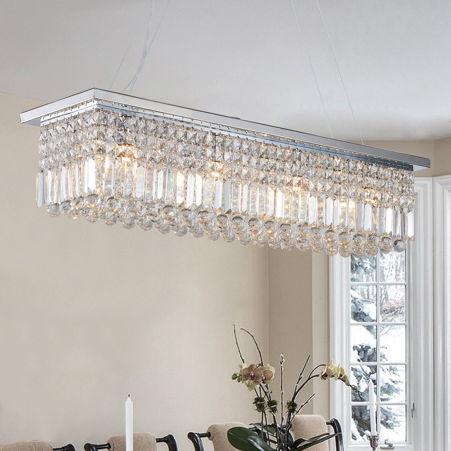 Modern Crystal Chandelier for Dining Room 8-Light White Rectangle