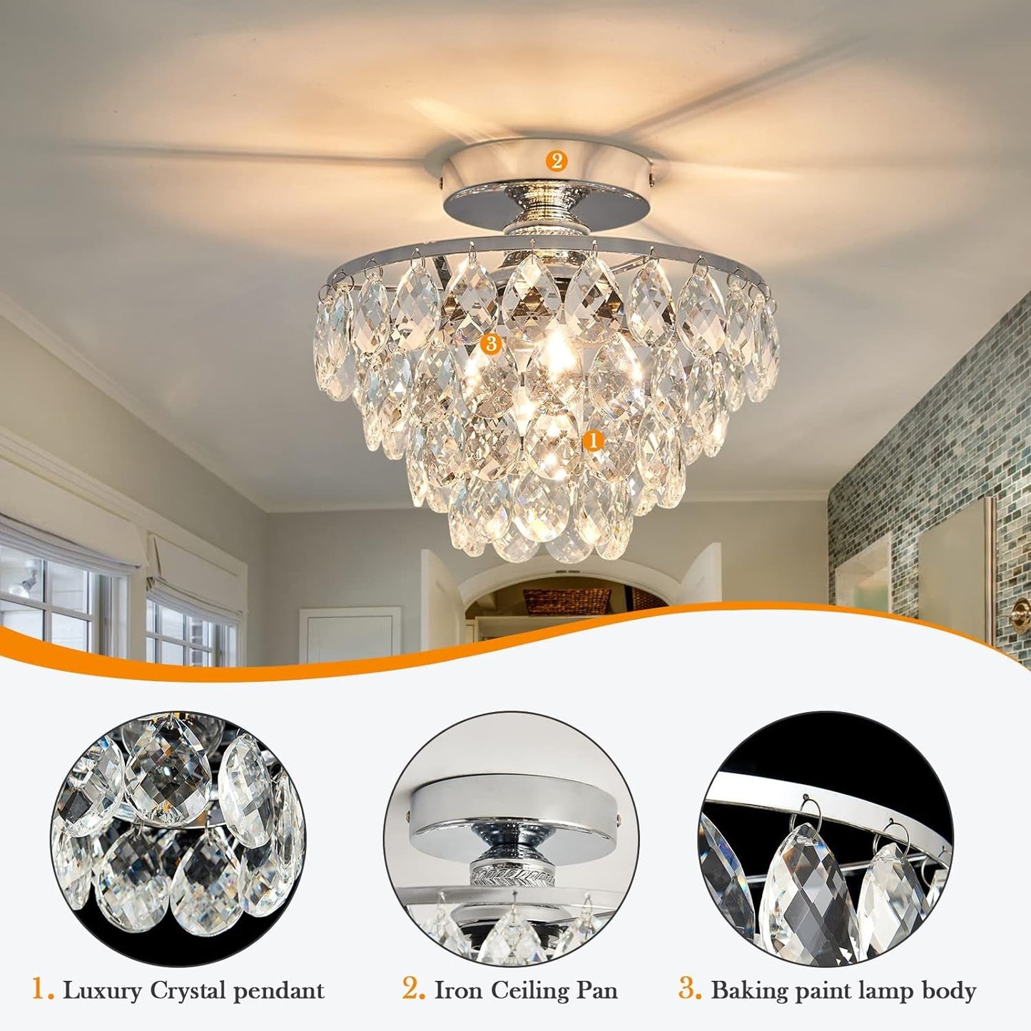 Modern E26 Small Crystal Chandelier Semi Flush Mount Ceiling Light