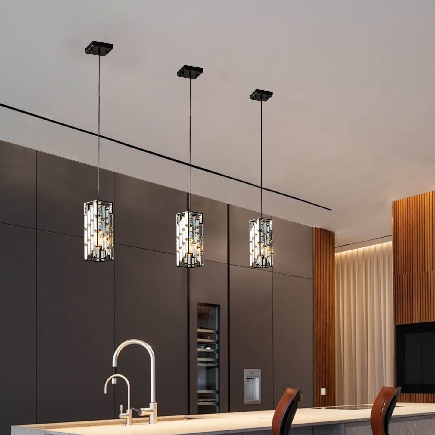 Modern Crystal Pendant Light - 3 Pack, Adjustable Hanging Ceiling Lamp