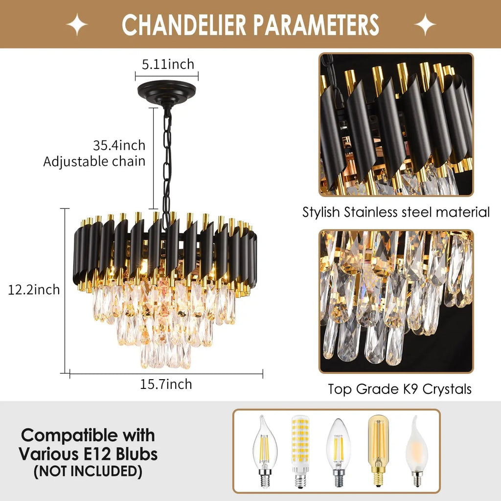 Modern Black Gold 3-Tier Crystal Iron Chandelier