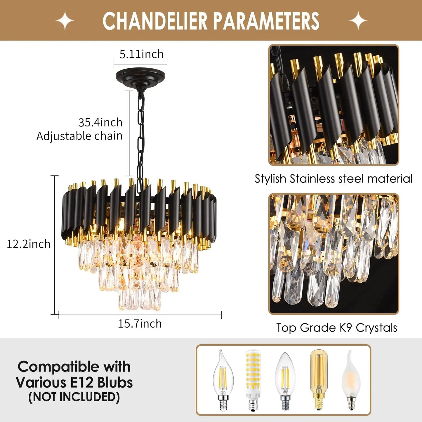 Modern Black Gold 3-Tier Crystal Iron Chandelier