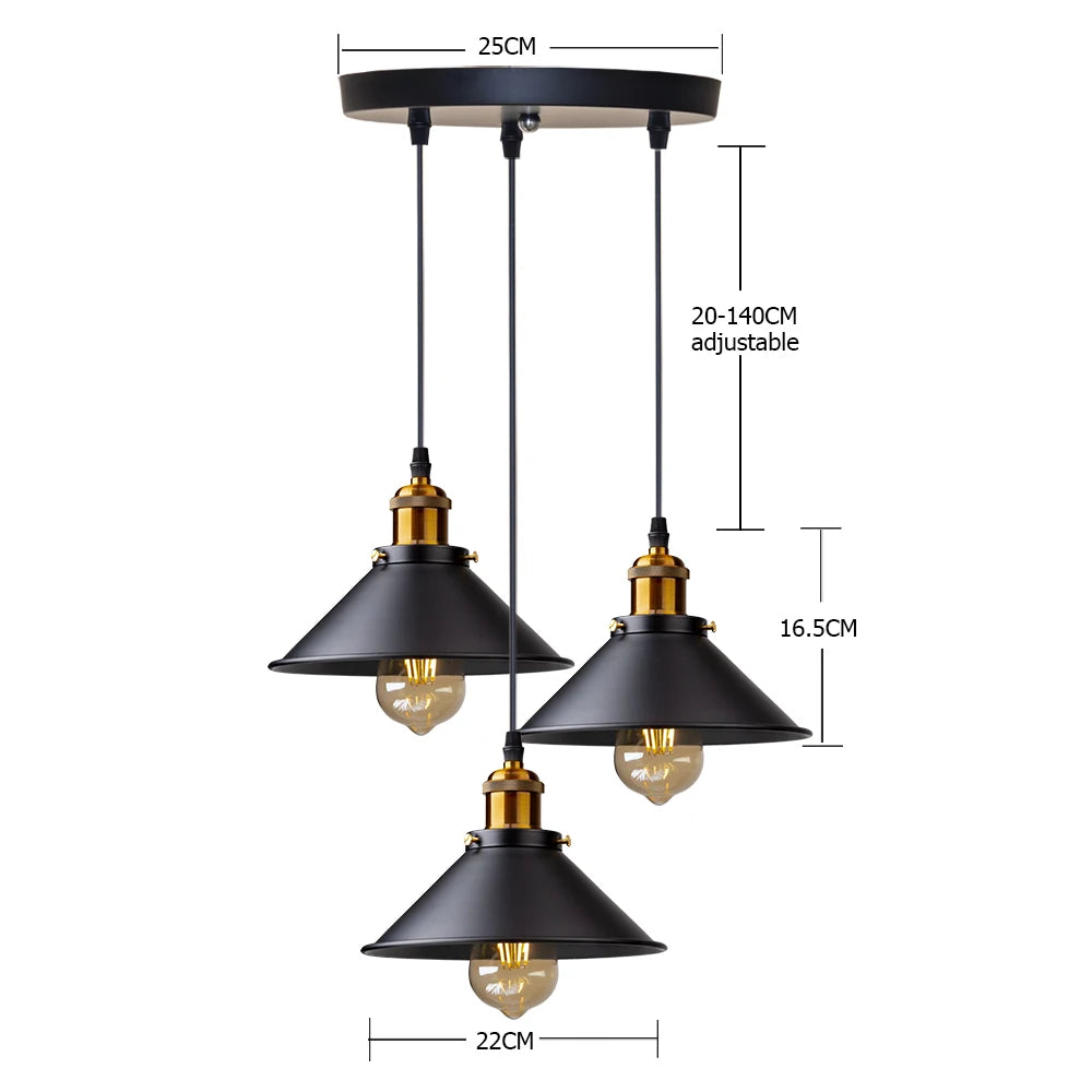 Retro Industrial Black Cone Pendant Light with Brass Fitting for Kitchen