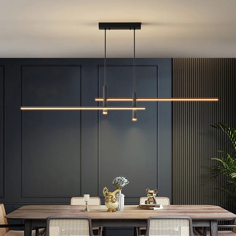 Minimalist Black Line Bar LED Pendant with Spotlights for Kitchen Island