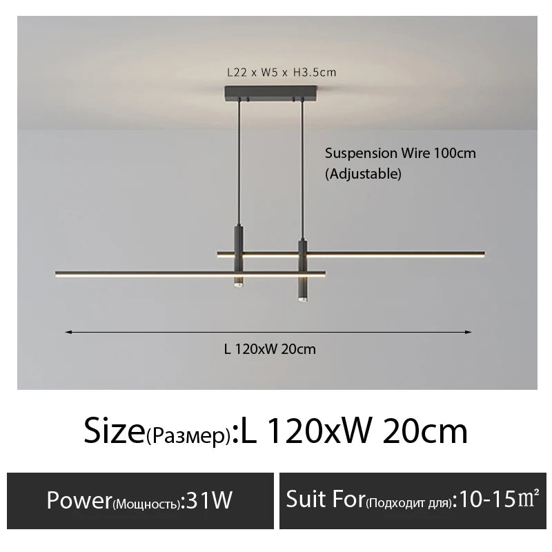 Minimalist Black Line Bar LED Pendant with Spotlights for Kitchen Island