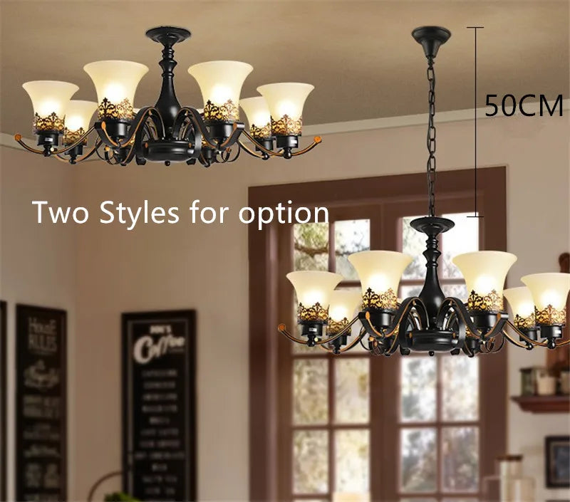 Vintage Loft Wrought Iron Pendant Chandelier with Glass