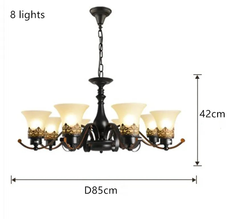Vintage Loft Wrought Iron Pendant Chandelier with Glass
