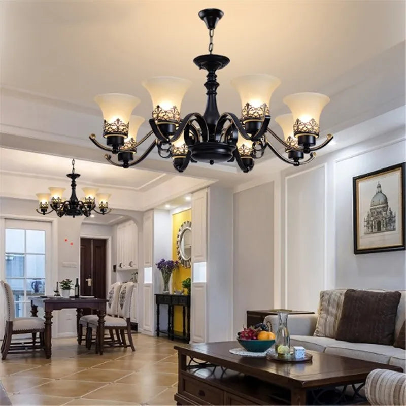 Vintage Loft Wrought Iron Pendant Chandelier with Glass
