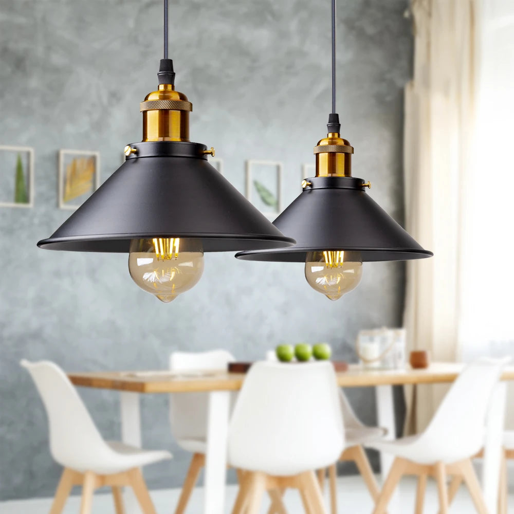 Retro Industrial Black Cone Pendant Light with Brass Fitting for Kitchen