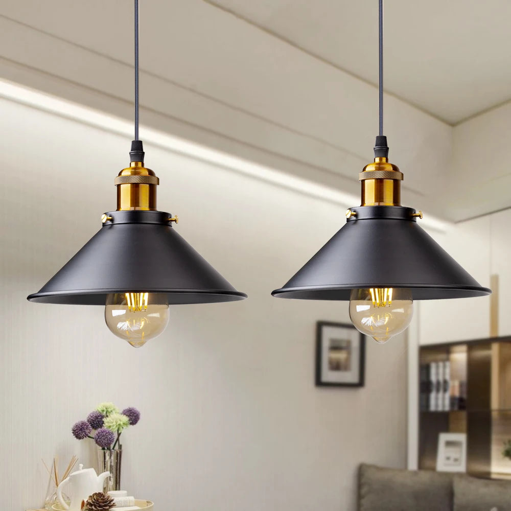Retro Industrial Black Cone Pendant Light with Brass Fitting for Kitchen
